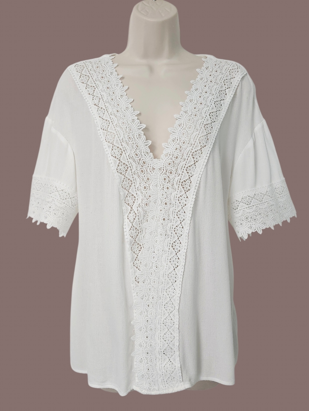 White Crochet V-Neck Boho Top Short Sleeves Cover Up size M